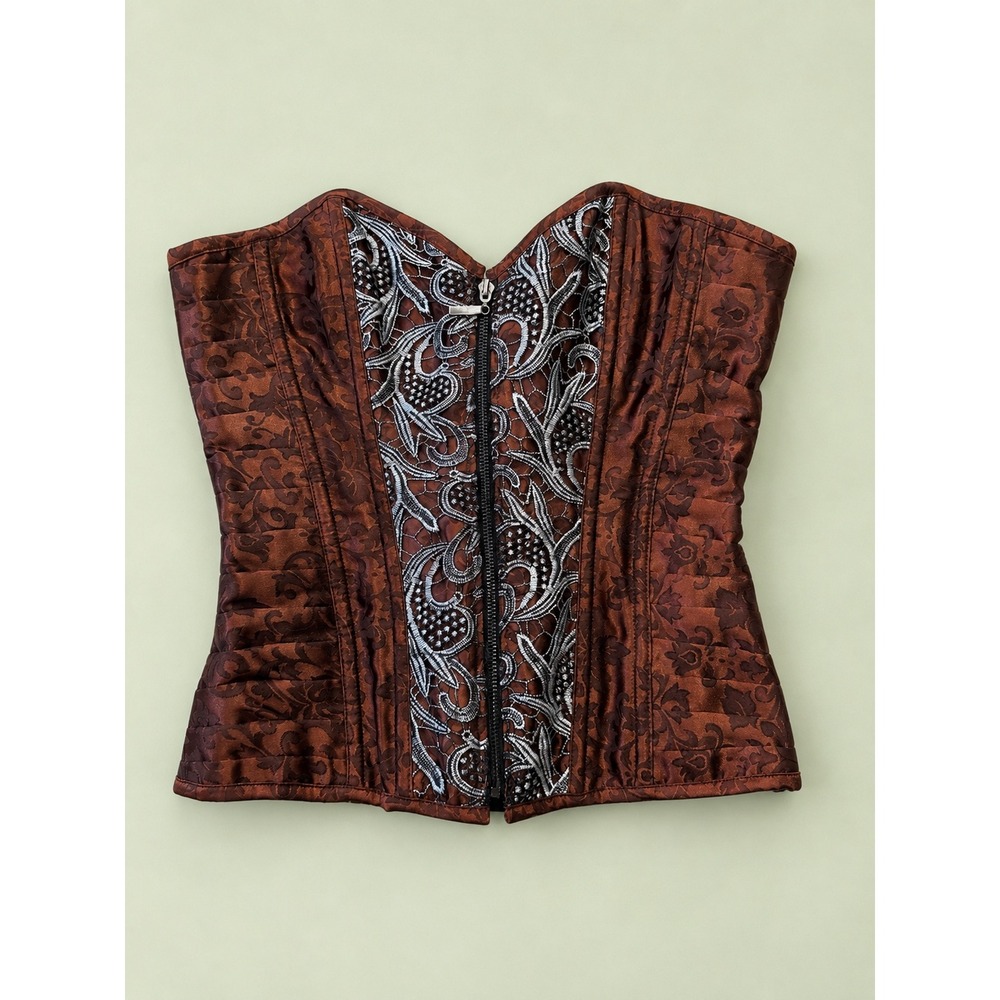 Womens XL Corset Top Brocade Lace Up Brown Copper Steampunk Gothic Victorian